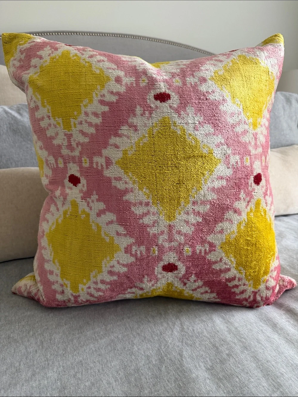 Designer Custom-made silk & velvet  pillow in yellow/pink/cream IKAT